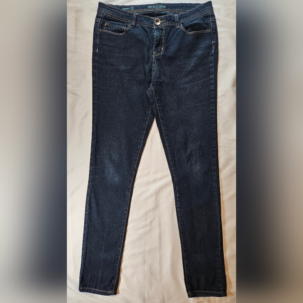 Red Blue Denim Womens Dark Blue 5 Pocket Long Mid Rise Skinny Jeans Size 7/8